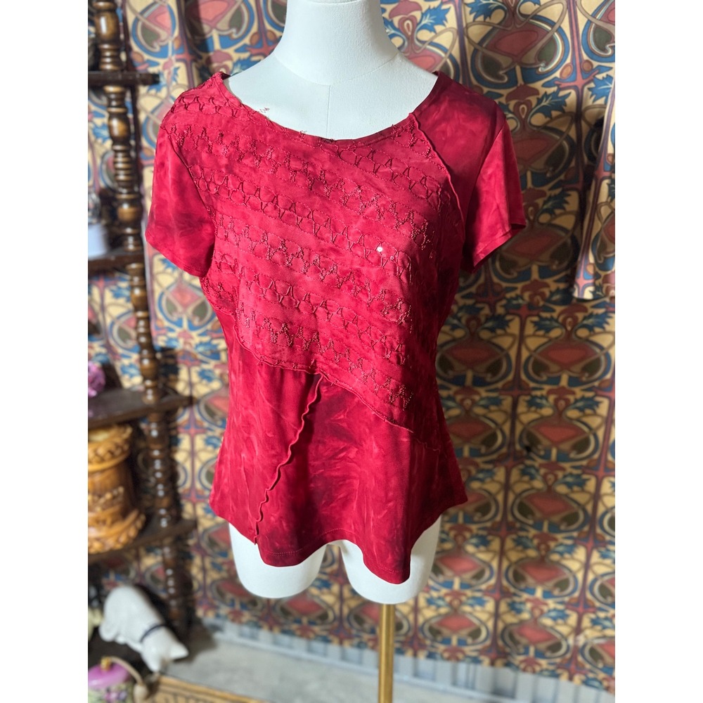 Notations Red Tie Dye Embroidered Top Short Sleeve Blouse